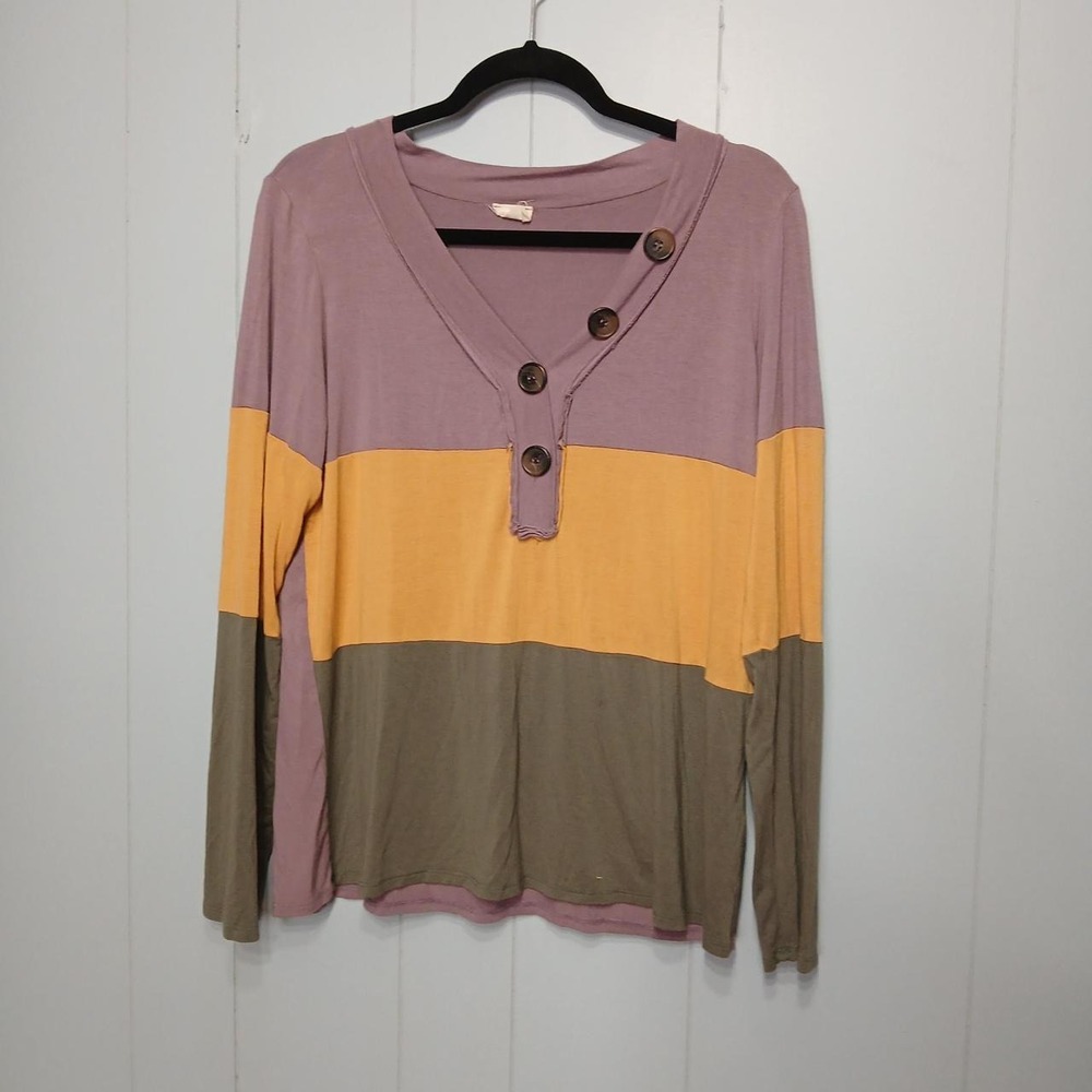 Blue Buttercup M longsleeve shirt Mardi Gras stripes oversized cottage henley